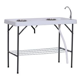 Outsunny Folding Fish Cleaning Table with Sink, Portable Camping Table with Faucet Drainage Hose, Grid Rack and Fish Cleaning Kit for Picnic, Fishing (Color: as Pic)